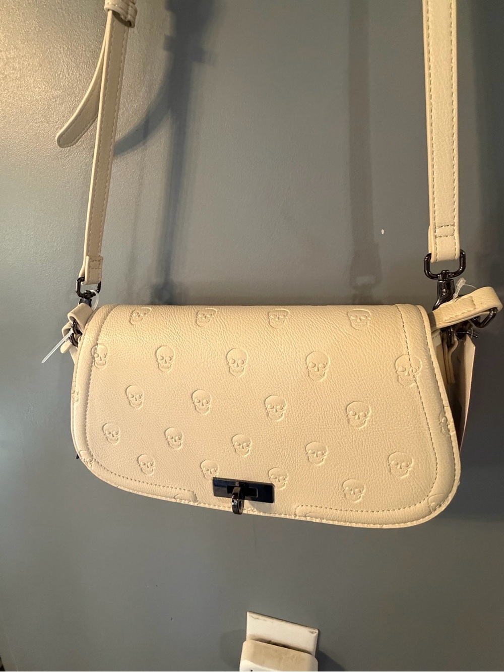 Betsey Johnson Cream Embossed Skull Shoulder Bag with Turnlock